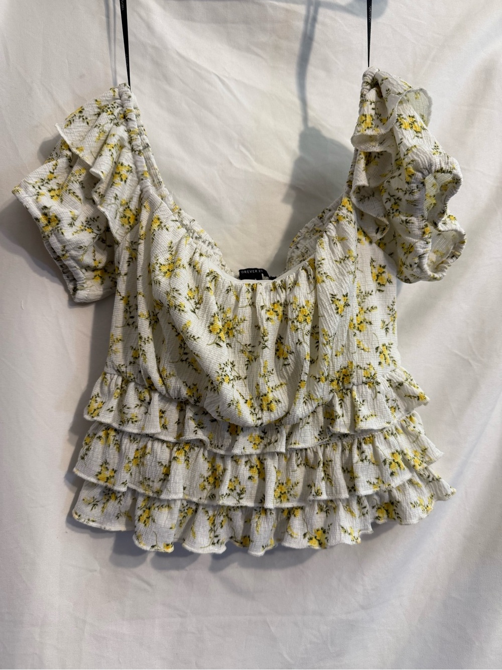 Forever 21 White Crop Top with Yellow Floral Print and Ruffle Tiers